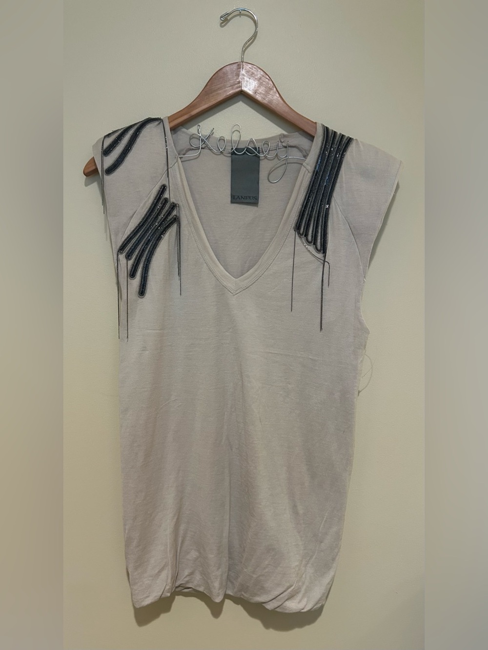 LANEUS Women's Embellished V-Neck NWT in Light Gray Made in Italy 100% Cotton L